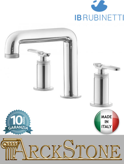 Miscelatore lavabo bassa marca IB Rubinetti modello Bold Lever Flat finitura ottone cromato appoggio tre fori due leve piatte rubinetto rubinetteria cromo fontana mix acqua bagno completo piletta scarico click-clack garanzia 10 anni qualità made in italy
