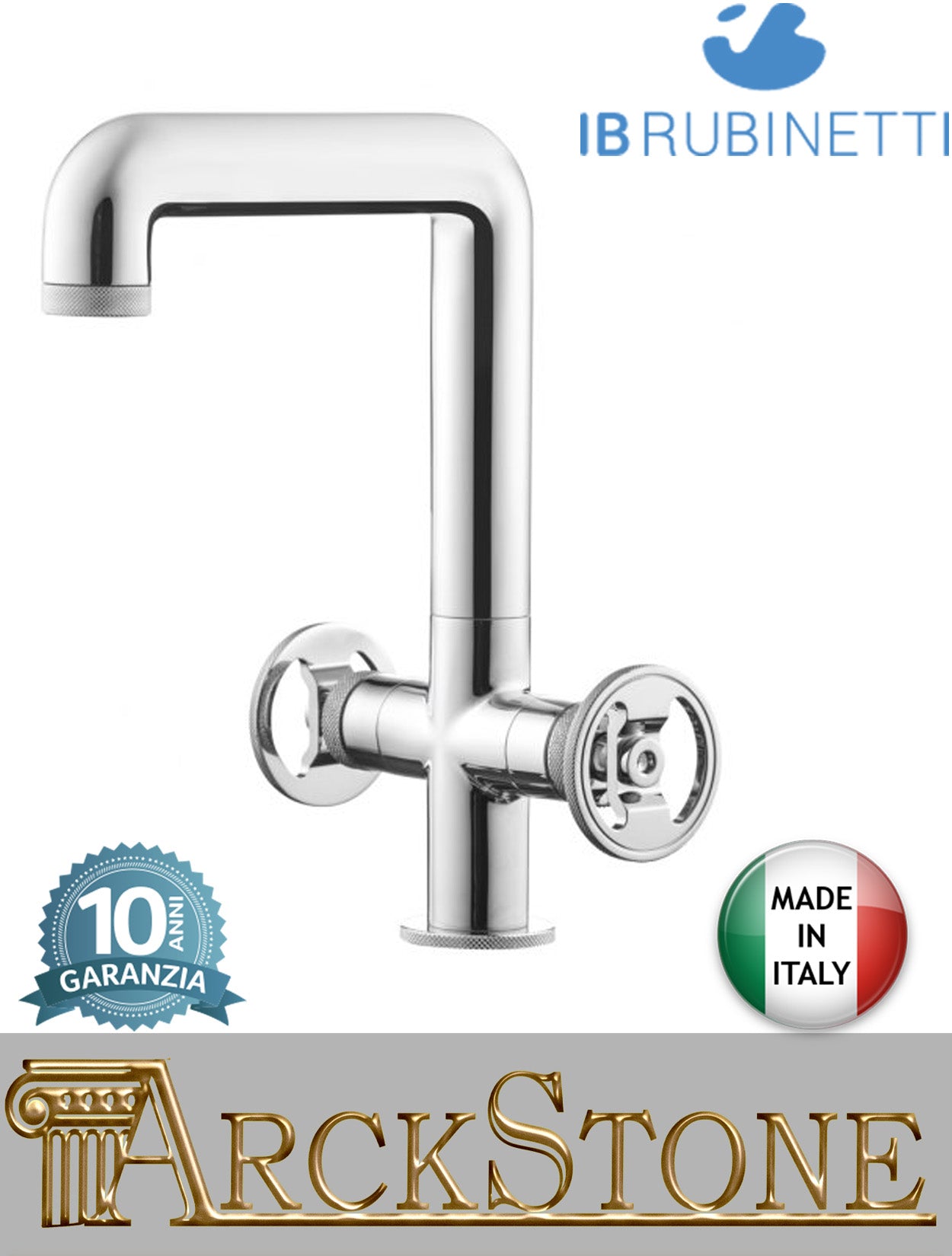 Miscelatore lavabo marca IB Rubinetti modello Bold Round finitura ottone cromato alto appoggio monoforo completo due leve tonde piletta scarico click-clack rubinetto rubinetteria fontana mix cromo rivenditore campania napoli garanzia 10 anni made in italy