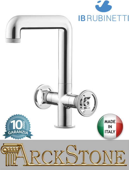 Miscelatore lavabo marca IB Rubinetti modello Bold Round finitura ottone cromato alto appoggio monoforo completo due leve tonde piletta scarico click-clack rubinetto rubinetteria fontana mix cromo rivenditore campania napoli garanzia 10 anni made in italy