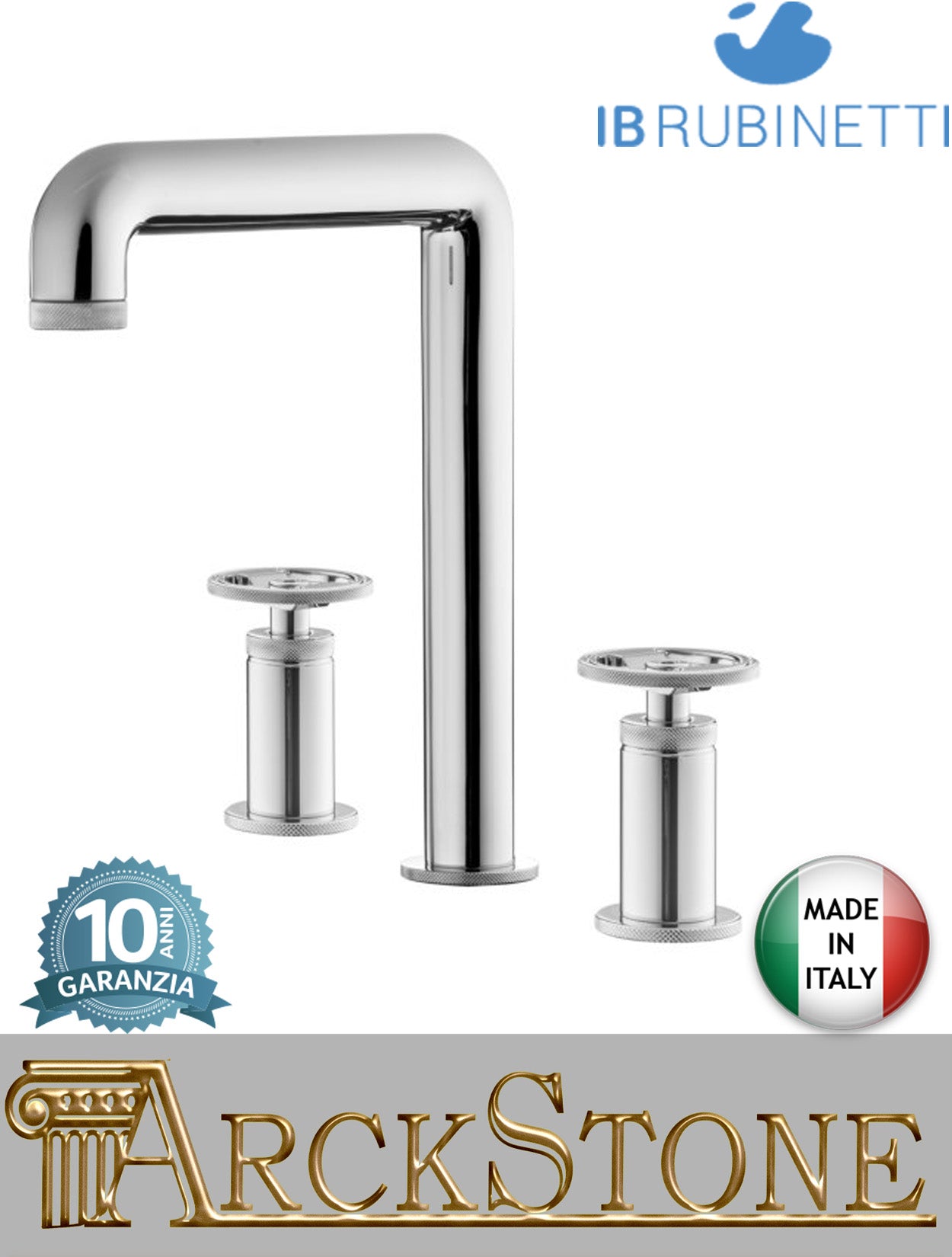 Miscelatore lavabo alto marca IB Rubinetti modello Bold Round finitura ottone cromato appoggio tre fori due leve tonde completo piletta scarico click-clack rubinetto rubinetteria mix fontana bagno rivenditore autorizzato campania napoli garanzia 10 anni