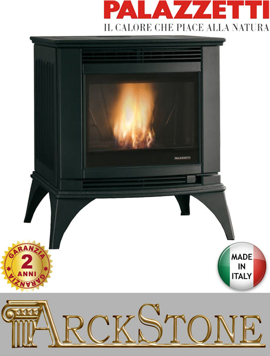 Palazzetti Cesare II Stufa Pellet Aria Ventilata Ecofire Potenza 9,2 kW Solida Struttura Ghisa Nero Vetro Ceramico Sistema Auto Pulizia Portina Autobilanciante Ventilatore Comandi Sfioro Programmabile