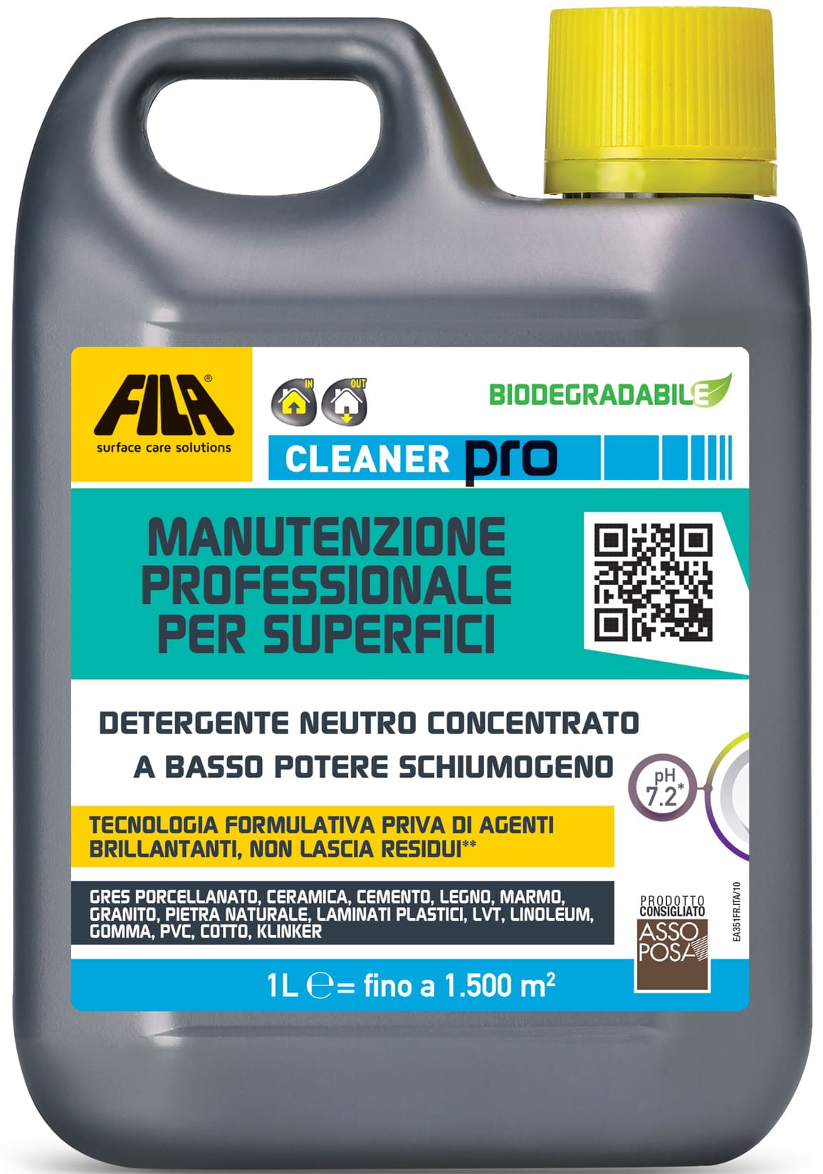 Fila Cleaner FilaCleaner PRO 1 Litro Lt Detergente Concentrato Neutro Pulisce Pavimenti Rivestimenti Ideale per Gres Porcellanato Ceramica Smaltata Cotto Klinker Cemento Legno Pietra Agglomerati Lucidi Laminati Plastici Linoleum Gomma Pvc