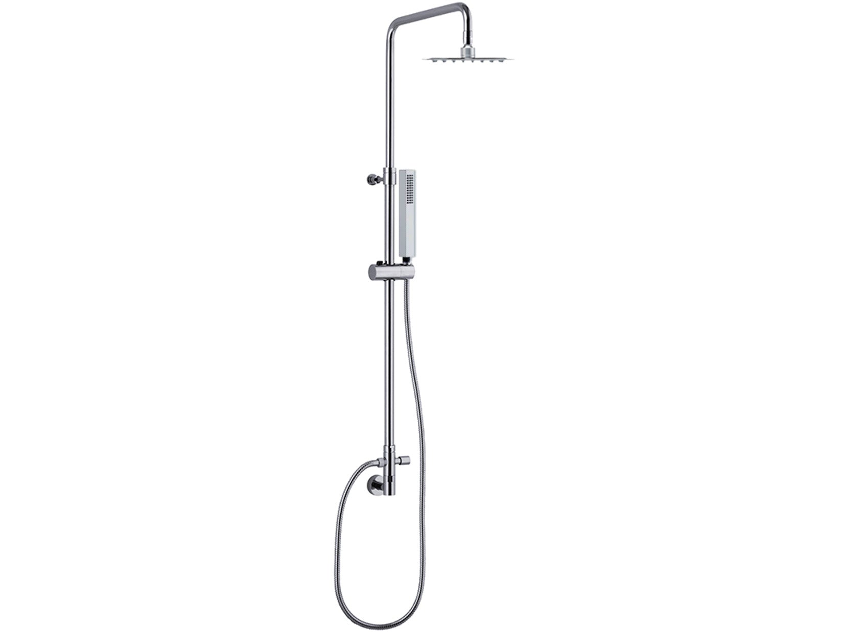 Colonna Doccia Duemmeggi Eco Attrezzata Multifunzione in Ottone Regolabile In Altezza Con Presa Acqua Senza Miscelatore Soffione Inox Slim 316 Quadro 200x200 mm Con Doccetta Quadra In ABS Installazione Parete Frontale Finitura Cromata Made in Italy 5 Anni