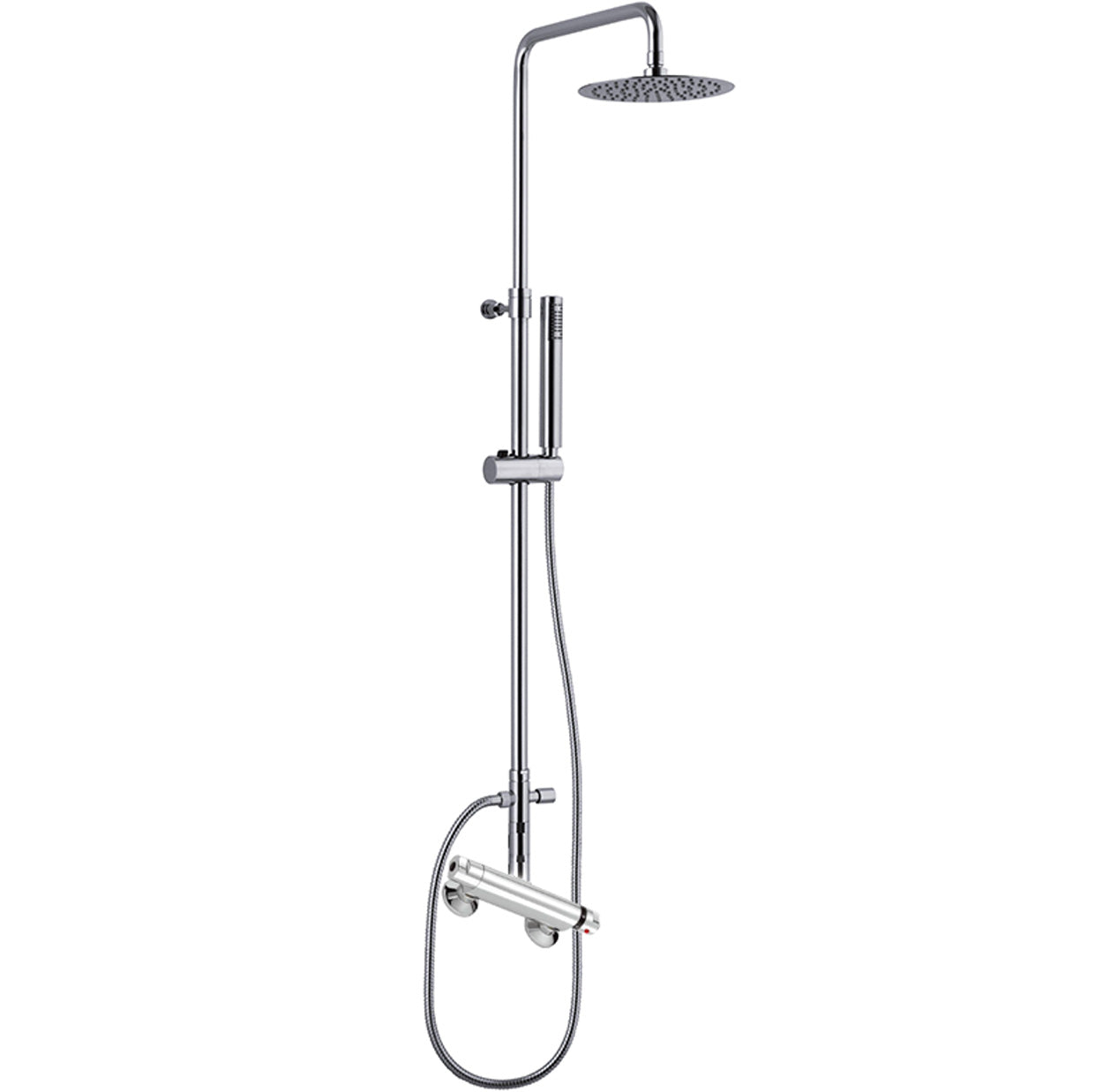 Colonna Doccia Duemmeggi Eco in Ottone, Regolabile In Altezza Soffione Inox Slim 316 Tondo Diametro 200 mm Con Doccetta Tonda In ABS E Miscelatore Termostatico Esterno Finitura Cromata