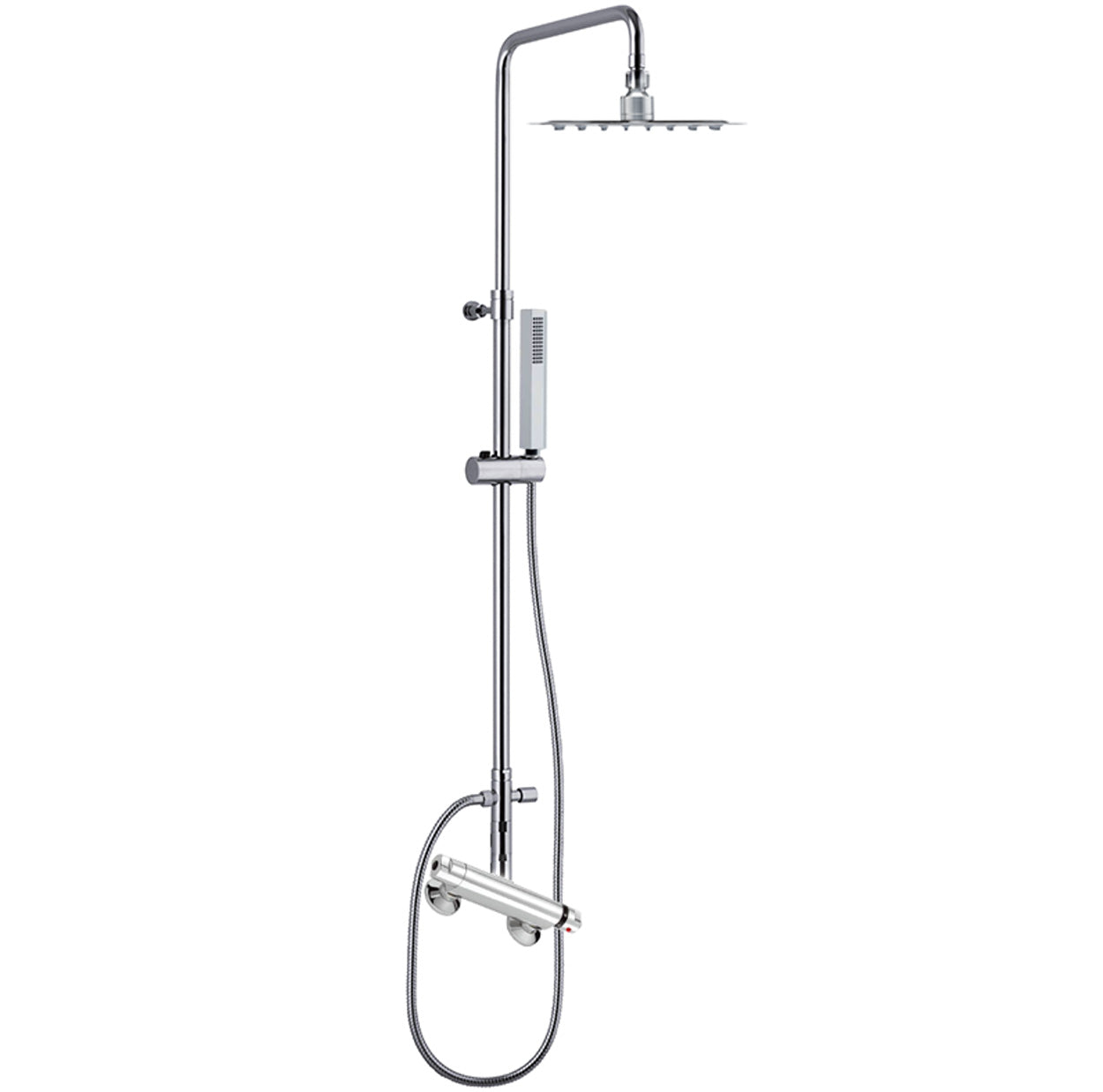 Colonna Doccia Duemmeggi Eco in Ottone, Regolabile In Altezza Soffione Inox Slim 316 Quadro Diametro 200 mm Con Doccetta Quadra In ABS E Miscelatore Termostatico Esterno Finitura Cromata