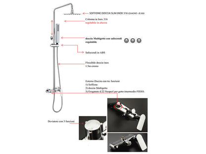 Colonna Doccia Duemmeggi Venere in Ottone, Regolabile In Altezza Con Miscelatore Meccanico Esterno A Tre Uscite Con Soffione Inox Slim 316 Quadro Misura 200x200 mm Con Doccetta Quadra In ABS Installazione Frontale Parete Finitura Cromata
