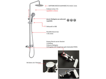 Colonna Doccia Duemmeggi Venere In Ottone Regolabile In Altezza Con Miscelatore Esterno A Tre Uscite Con Soffione Inox Slim 316 Tondo Diametro 200 MM Con Doccetta Tonda In ABS Finitura Cromata