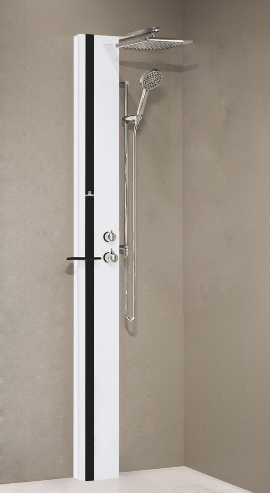 Colonna Doccia Novellini Line 1 Standard Senza Sedile Attrezzata Miscelatore Termostatico Colore Argento Fascia Mensola Nero Opaco Soffione Pioggia 200x200 mm Ripiano Porta Oggetti Doccetta Mano Flessibile Installabile Angolo Parete Misura 22x57,5xH215 cm