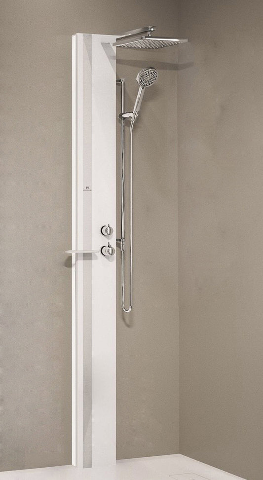 Colonna Doccia Novellini Line 1 Standard Senza Sedile Attrezzata Miscelatore Meccanico Colore Bianco Opaco Fascia Mensola Silver Soffione Pioggia 200x200 mm Ripiano Porta Oggetti Doccetta Mano Flessibile Installabile Angolo Parete Misura 22x57,5xH215 cm