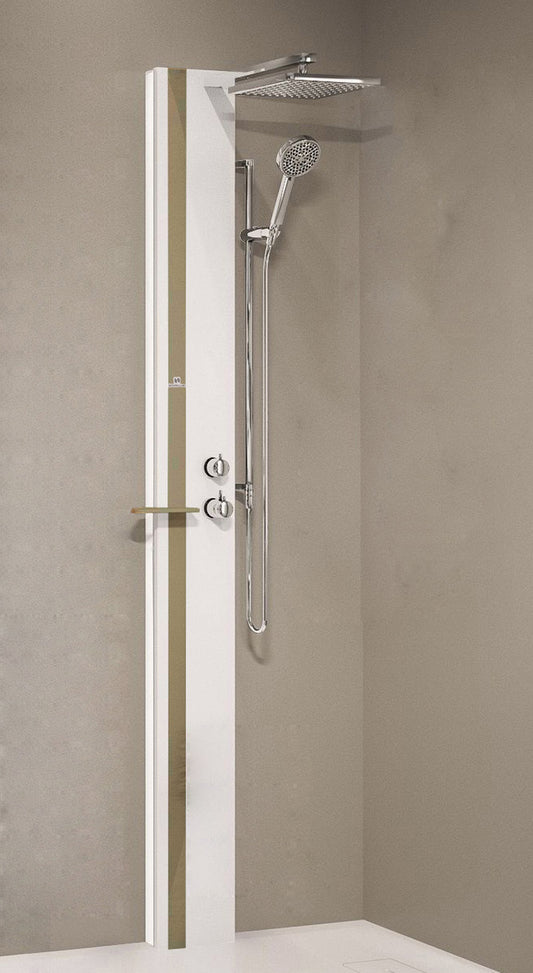 Colonna Doccia Novellini Line 1 Standard Senza Sedile Attrezzata Miscelatore Termostatico Colore Bianco Opaco Fascia Mensola Tortora Soffione Pioggia 200x200mm Ripiano Porta Oggetti Doccetta Mano Flessibile Installabile Angolo Parete Misura 22x57,5xH215cm