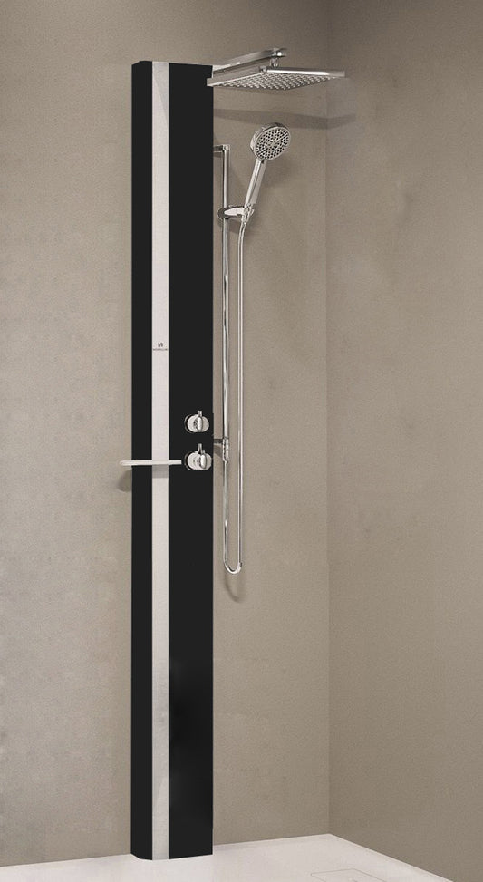Colonna Doccia Novellini Line 1 Standard Senza Sedile Attrezzata Miscelatore Meccanico Colore Nero Opaco Fascia Mensola Argento Soffione Pioggia 200x200 mm Ripiano Porta Oggetti Doccetta Mano Flessibile Installabile Angolo Parete Misura 22x57,5xH215 cm