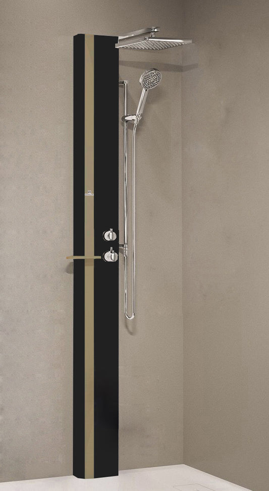 Colonna Doccia Novellini Line 1 Standard Senza Sedile Attrezzata Miscelatore Meccanico Colore Nero Opaco Fascia Mensola Tortora Soffione Pioggia 200x200 mm Ripiano Porta Oggetti Doccetta Mano Flessibile Installabile Angolo Parete Misura 22x57,5xH215 cm