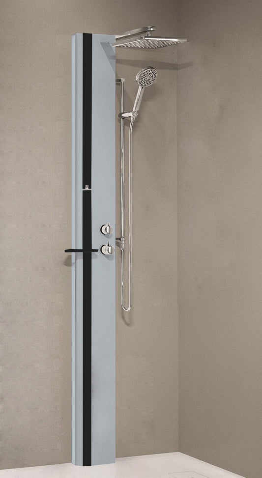 Colonna Doccia Novellini Line 1 Standard Senza Sedile Attrezzata Miscelatore Termostatico Colore Silver Fascia Mensola Nero Opaco Soffione Pioggia 200x200 mm Ripiano Porta Oggetti Doccetta Mano Flessibile Installabile Angolo Parete Misura 22x57,5xH215 cm