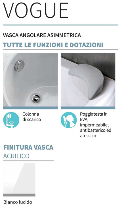Novellini Vogue Vasca da Bagno Versione Standard Con Telaio Misura 165x85 H55 cm Forma Esterna Tonda Curva Semicircolare Asimmetrica Interna Ovale Installazione Angolare Destra Pannello Frontale Colonna Cuscino Materiale Acrilico Finitura Bianco Lucido
