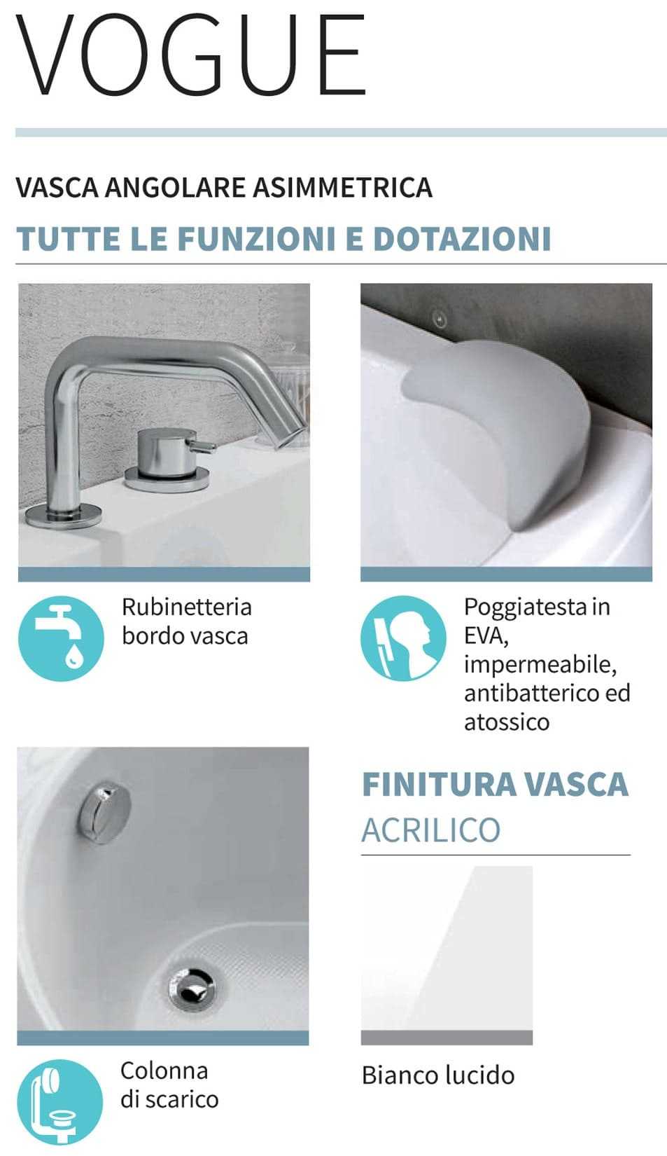 Novellini Vogue Vasca da Bagno Versione Standard Con Telaio Misura 150x85 H55 cm Forma Esterna Semicircolare Asimmetrica Interna Ovale Installazione Angolare Sinistra Pannello Frontale Colonna Rubinetteria Cuscino Materiale Acrilico Finitura Bianco Lucido