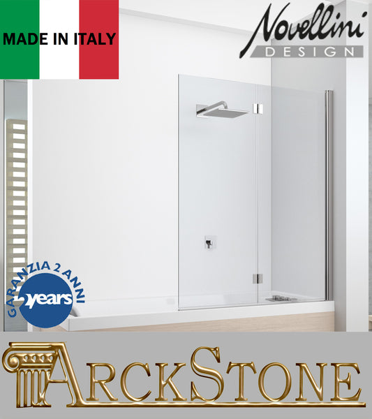Novellini Young 2.0 1BSV Box Doccia Parete Sopra Vasca Apertura 2 Ante Ripieghevoli Soffietto Vetro Cristallo Temperato Trasparente Spessore 6 mm Colore Profilo Cromo Estensibilità 2 cm Installazione Destra DX Misura Larghezza 120 cm Altezza 150 cm 