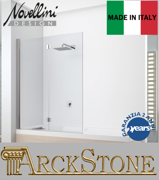 Novellini Young 2.0 1BSV Box Doccia Parete Sopra Vasca Apertura 2 Ante Ripieghevoli Soffietto Vetro Cristallo Temperato Trasparente Spessore 6 mm Colore Profilo Cromo Estensibilità 2 cm Installazione Sinistra SX Misura Larghezza 120 cm Altezza 150 cm 