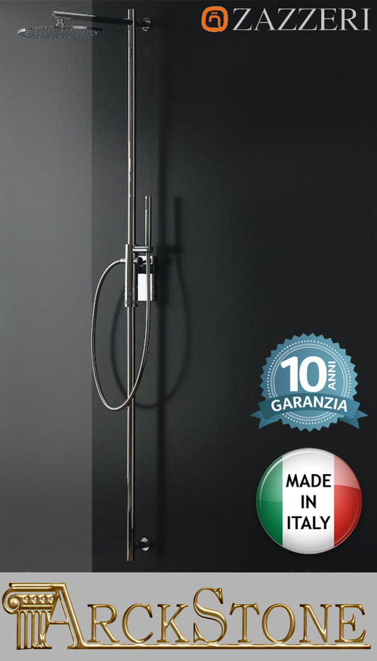 Colonna doccia marca Zazzeri modello Showers miscelatore termostatico soffione anticalcare ispezionabile tondo Ø220 mm doccetta finitura cromata cromo parete bagno garanzia 10 anni azienda certificata qualità made in italy
