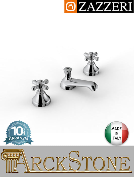 Miscelatore lavabo marca Zazzeri modello 802 finitura ottone cromato appoggio tre fori vitone ceramico 180° piletta scarico automatico rubinetto rubinetteria fontana acqua mix garanzia 10 anni qualità made in italy