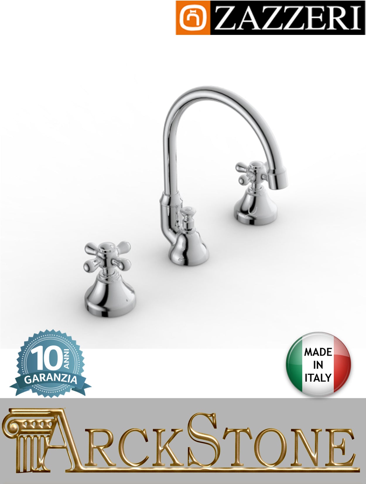 Miscelatore lavabo marca Zazzeri modello 800 finitura ottone cromato appoggio tre fori vitone tradizionale collo girevole piletta scarico automatico rubinetto azienda rubinetteria fontana L155 x H160 mm acqua mix garanzia 10 anni qualità made in italy