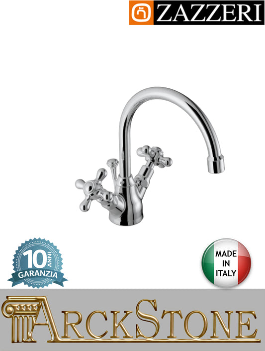Miscelatore lavabo marca Zazzeri modello 802 finitura ottone cromato appoggio monoforo vitone ceramico 180° collo girevole piletta scarico automatico rubinetto azienda casa rubinetteria fontana acqua L190 x H155 mm garanzia 10 anni qualità made in italy