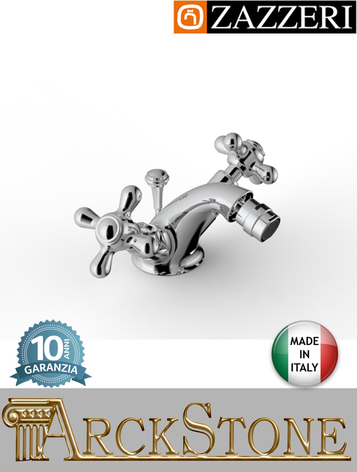 Miscelatore bidet marca Zazzeri modello 802 finitura ottone cromato appoggio monoforo vitone ceramico 180° piletta scarico automatico rubinetto L95 x H85 mm casa rubinetteria azienda certificata fontana acqua garanzia 10 anni qualità made in italy