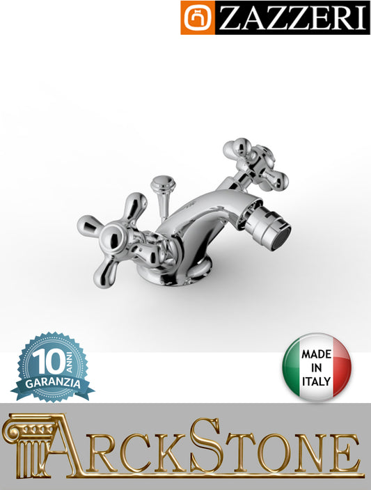 Miscelatore bidet marca Zazzeri modello 800 finitura ottone cromato appoggio monoforo vitone tradizionale piletta scarico automatico L95 x H85 mm rubinetto casa rubinetteria azienda certificata fontana acqua garanzia 10 anni qualità made in italy