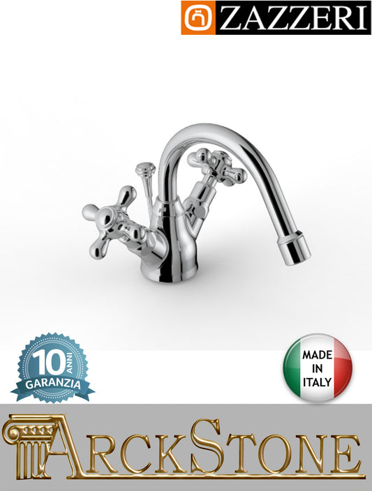Miscelatore bidet marca Zazzeri modello 802 finitura ottone cromato appoggio monoforo vitone ceramico 180° collo girevole piletta scarico automatico rubinetto casa rubinetteria azienda fontana acqua L150 x H95 mm garanzia 10 anni qualità made in italy