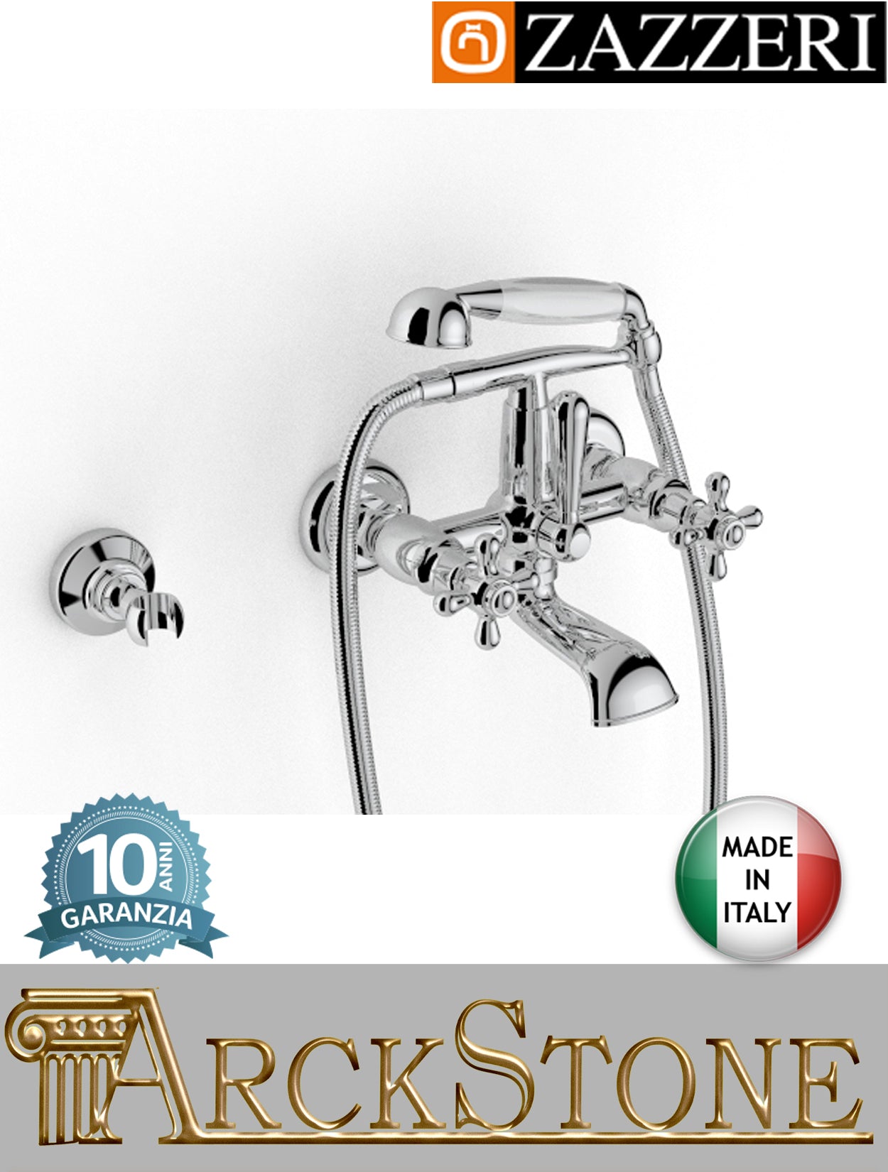 Miscelatore vasca marca Zazzeri modello 802 finitura ottone cromato parete esterno vitone ceramico 180° attacco doccetta muro mix rubinetteria rubinetto fontana acqua cromo flessibile garanzia 10 anni qualità made in italy