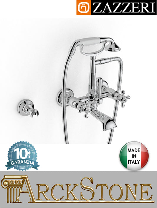 Miscelatore vasca marca Zazzeri modello 802 finitura ottone cromato parete esterno "Victoria"  vitone ceramico 180° attacco doccetta muro mix rubinetteria rubinetto fontana acqua cromo flessibile garanzia 10 anni qualità made in italy