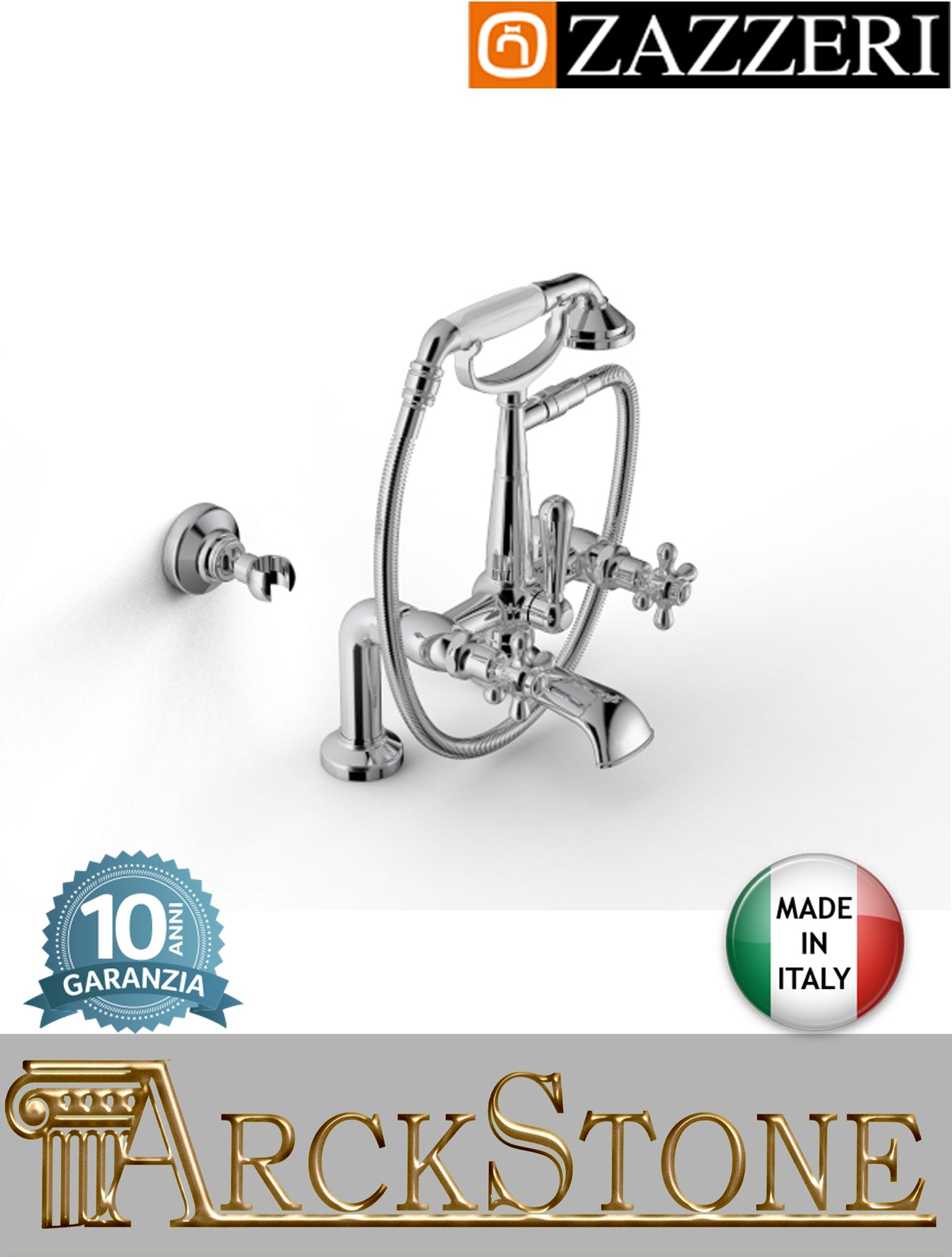 Miscelatore vasca marca Zazzeri modello 800 finitura ottone cromato vitone tradizionale doccetta flessibile attacco piano Victoria appoggio bordo rubinetto rubinetteria fontana garanzia 10 anni qualità made in italy