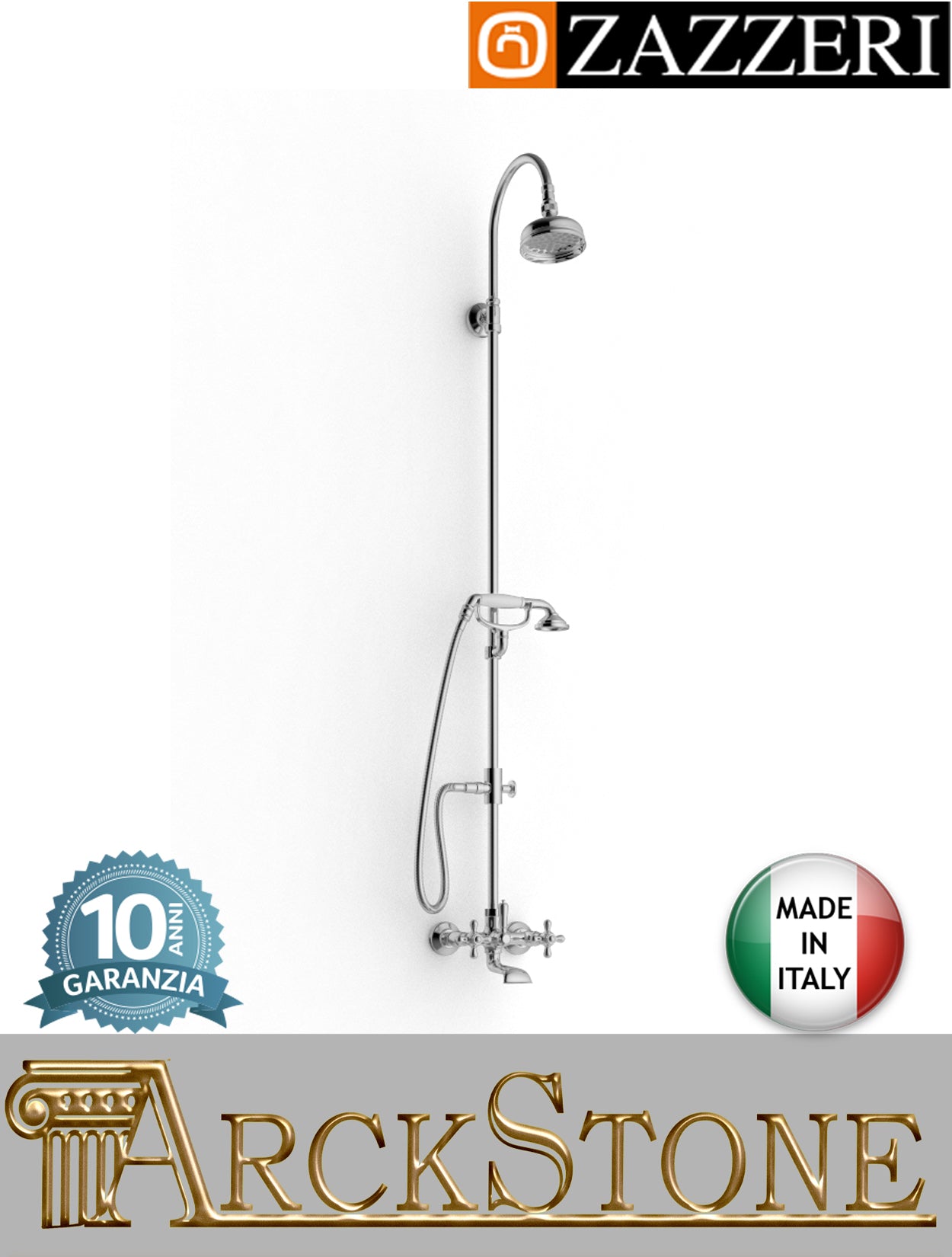 Colonna doccia vasca marca Zazzeri modello 800 2900SO01A00+20000619A00 CRCR finitura ottone cromato parete soffione Ø120 mm doccetta flessibile vitone tradizionale rubinetto rubinetteria fontana supporto garanzia 10 anni qualità made in italy