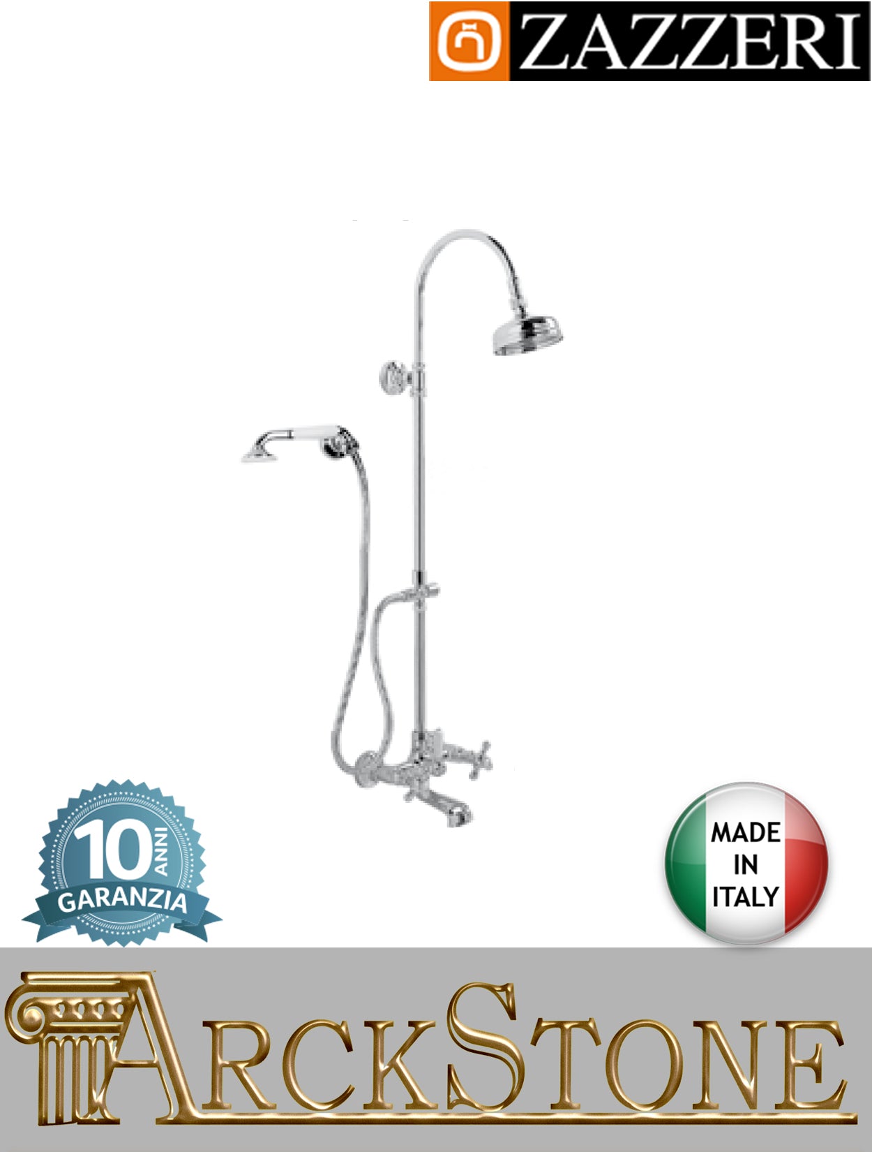 Colonna doccia vasca marca Zazzeri modello 802 finitura ottone cromato parete soffione Ø120 mm doccetta flessibile vitone ceramico 180° rubinetto rubinetteria fontana supporto garanzia 10 anni qualità made in italy