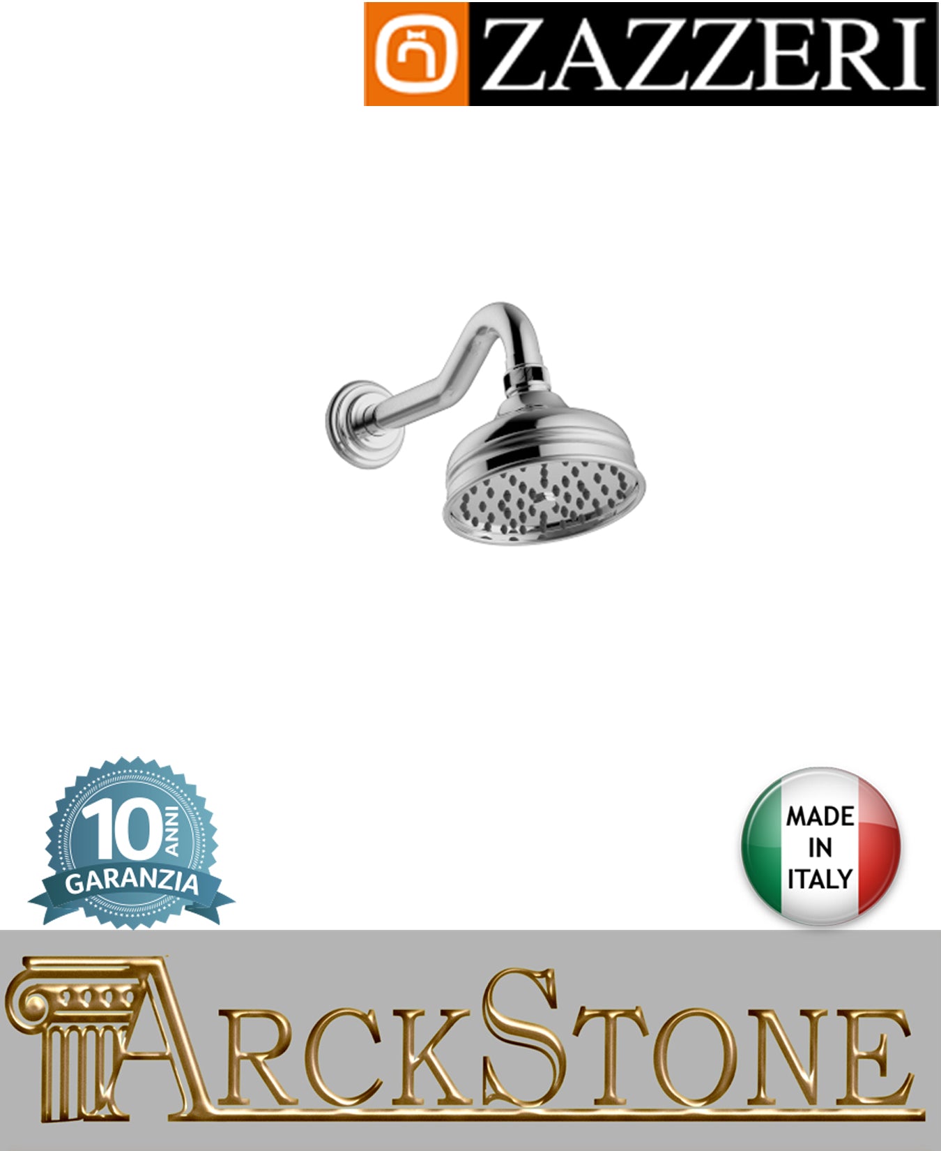 Braccio doccia 249 mm soffione Ø120 mm marca Zazzeri modello 800 finitura cromata parete tondo rubinetteria cromo arredamento casa arredo bagno azienda certificata design classico garanzia 10 anni qualità made in italy