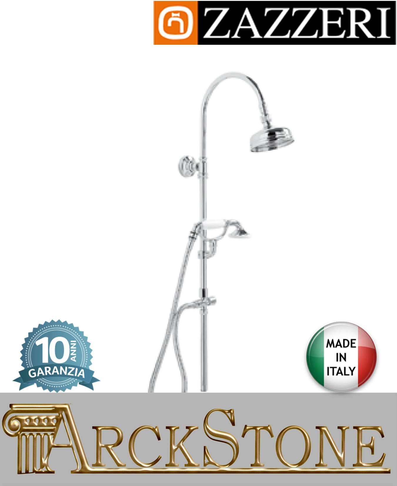 Colonna doccia marca Zazzeri modello 800 finitura ottone cromato soffione tondo Ø120 mm doccetta supporto flessibile attacco senza miscelatore esterno parete rubinetto rubinetteria muro mix fontana garanzia 10 anni qualità made in italy