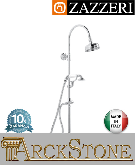 Colonna doccia marca Zazzeri modello 800 finitura ottone cromato soffione tondo Ø120 mm doccetta supporto flessibile attacco senza miscelatore esterno parete rubinetto rubinetteria muro mix fontana garanzia 10 anni qualità made in italy