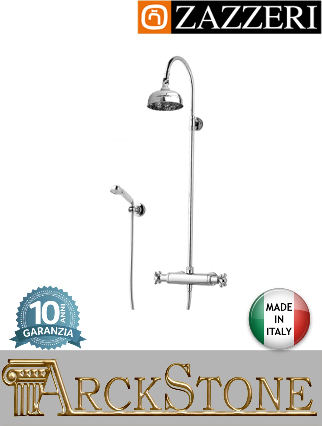 Colonna doccia marca Zazzeri modello 800 finitura ottone cromato soffione tondo Ø120 mm deviatore doccetta supporto attacco vitone tradizionale miscelatore termostatico esterno rubinetto rubinetteria muro mix fontana garanzia 10 anni made in italy 