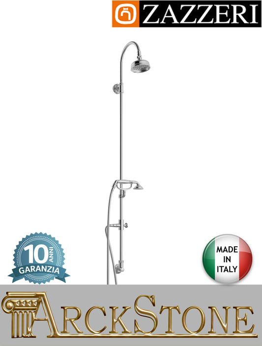 Colonna doccia marca Zazzeri modello 800 finitura ottone cromato soffione tondo Ø120 mm deviatore doccetta supporto attacco vitone tradizionale senza miscelatore acqua esterno rubinetto rubinetteria muro mix fontana garanzia 10 anni made in italy  