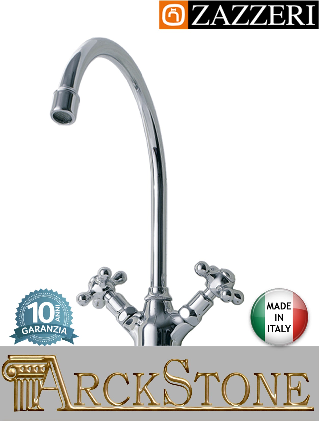 Miscelatore lavello marca Zazzeri modello 800 finitura ottone cromato appoggio collo girevole vitone tradizionale monoforo rubinetto fontana rubinetteria acqua cucina casa mix garanzia 10 anni qualità made in italy