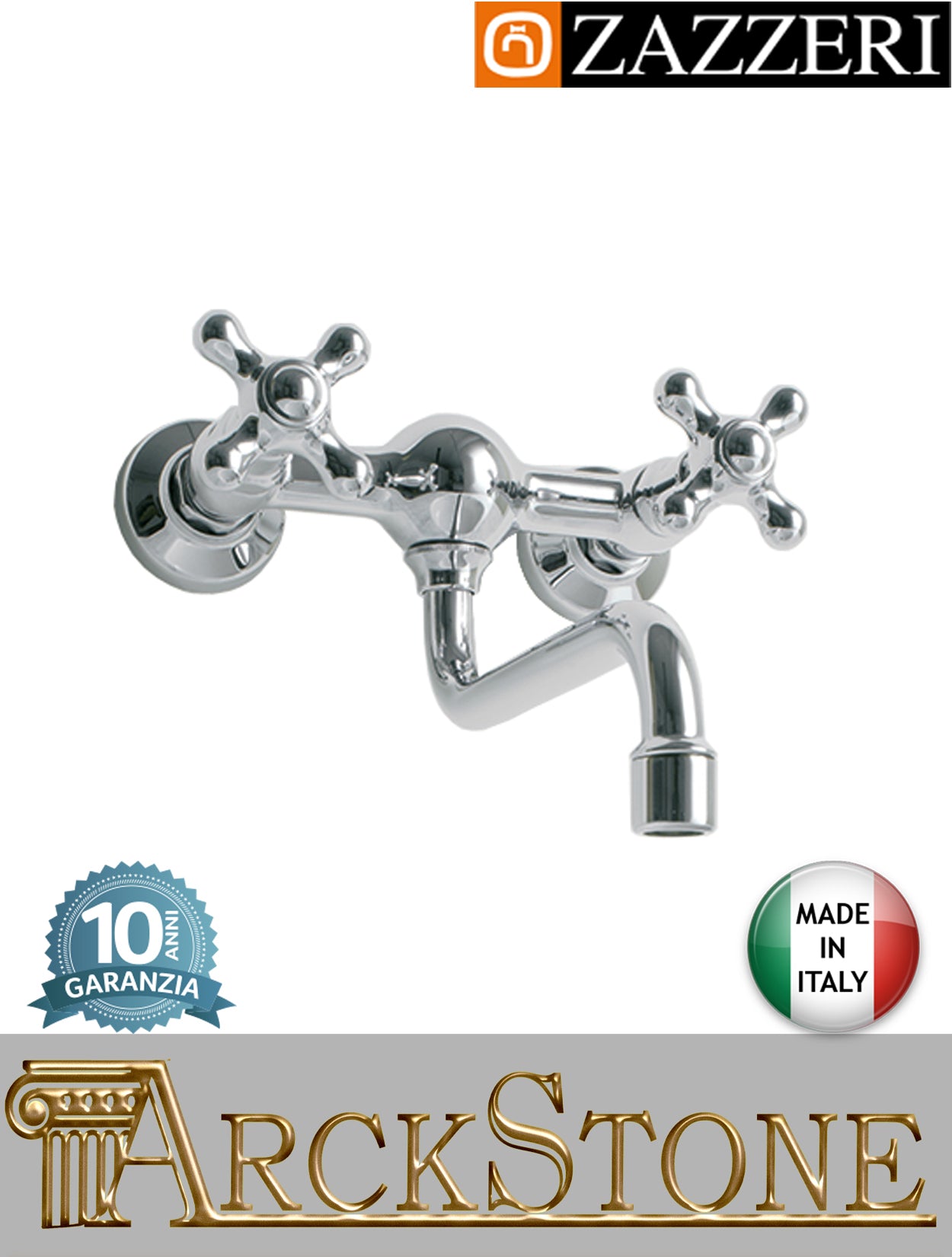 Miscelatore lavello marca Zazzeri modello 802 finitura ottone cromato parete vitone ceramico 180° collo girevole 2 due fori muro rubinetto rubinetteria fontana mix cucina acqua garanzia 10 anni qualità made in italy