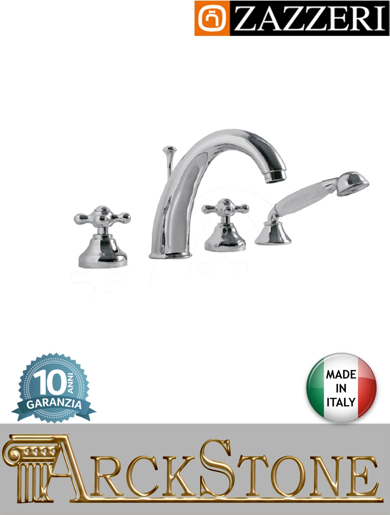 Miscelatore gruppo vasca marca Zazzeri modello 802 finitura ottone cromato appoggio bordo 4 quattro fori rubinetto rubinetteria mix fontana doccetta flessibile casa piano vitone ceramico 90° deviatore garanzia 10 anni qualità made in italy
