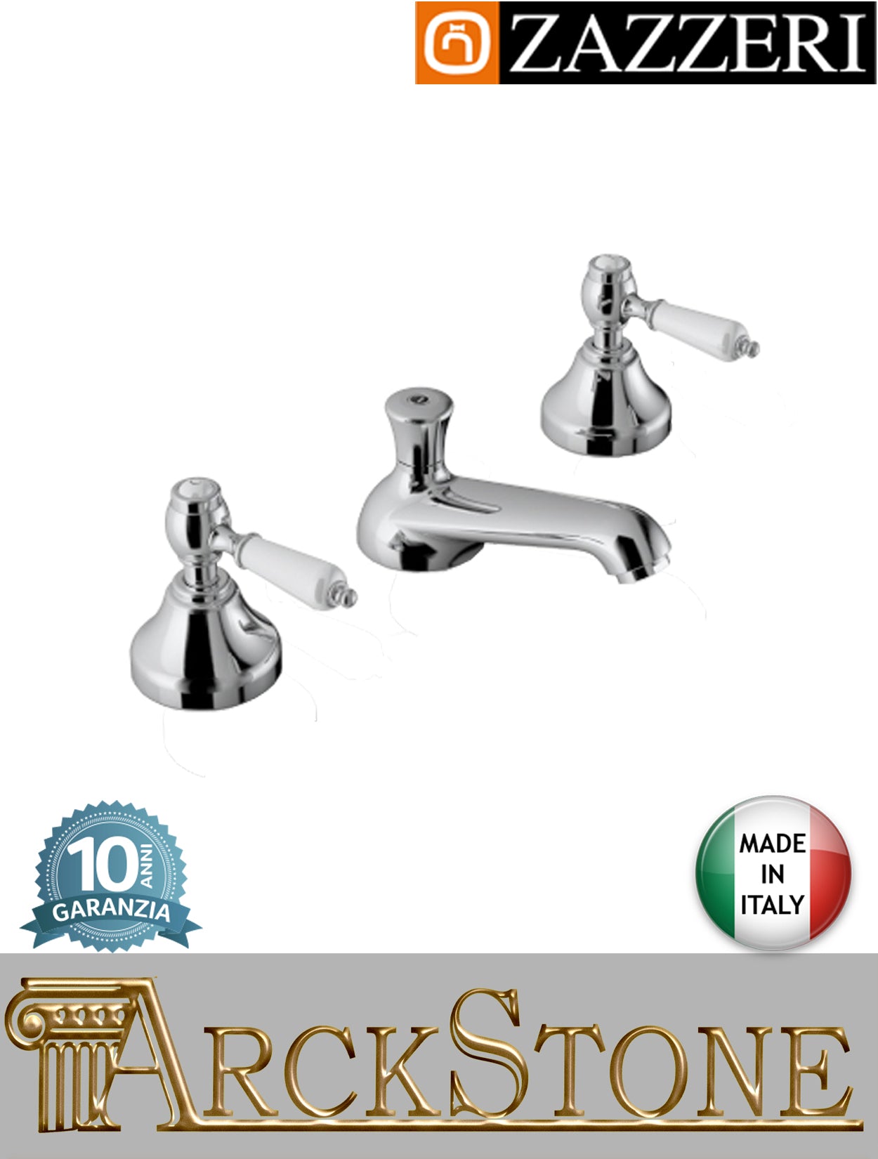 Miscelatore lavabo marca Zazzeri modello 803 finitura ottone cromato vitone ceramico 90° leva ceramica bianca rubinetteria piletta scarico automatico L130 x H34 mm rubinetto mix fontana bagno appoggio tre fori garanzia 10 anni qualità made in italy