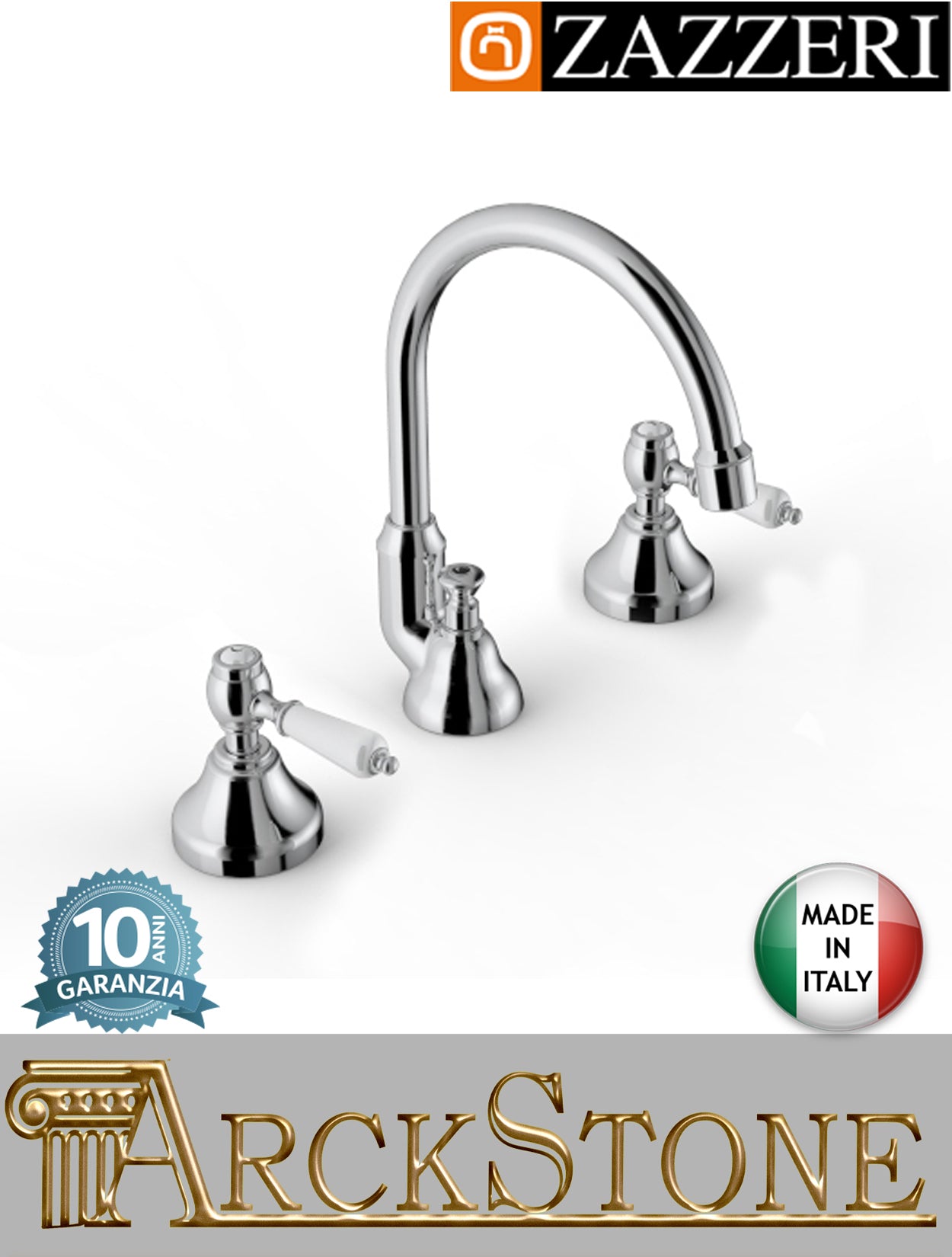 Miscelatore lavabo marca Zazzeri modello 803 finitura ottone cromato vitone ceramico 90° leva ceramica bianca rubinetteria piletta scarico automatico L154 x H161 mm rubinetto collo girevole mix fontana bagno cromo appoggio tre fori