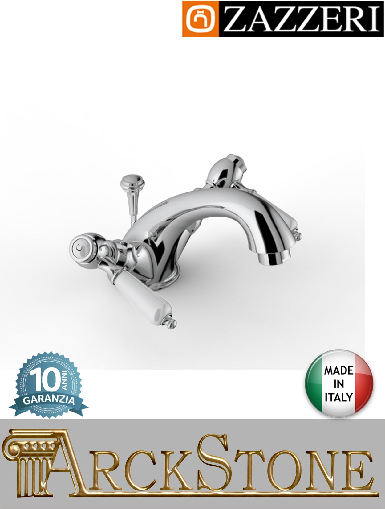 Miscelatore lavabo marca Zazzeri modello 803 finitura ottone cromato vitone ceramico 90° leva ceramica bianca rubinetteria piletta scarico automatico rubinetto acqua mix fontana bagno cromo appoggio monoforo garanzia 10 anni qualità made in italy