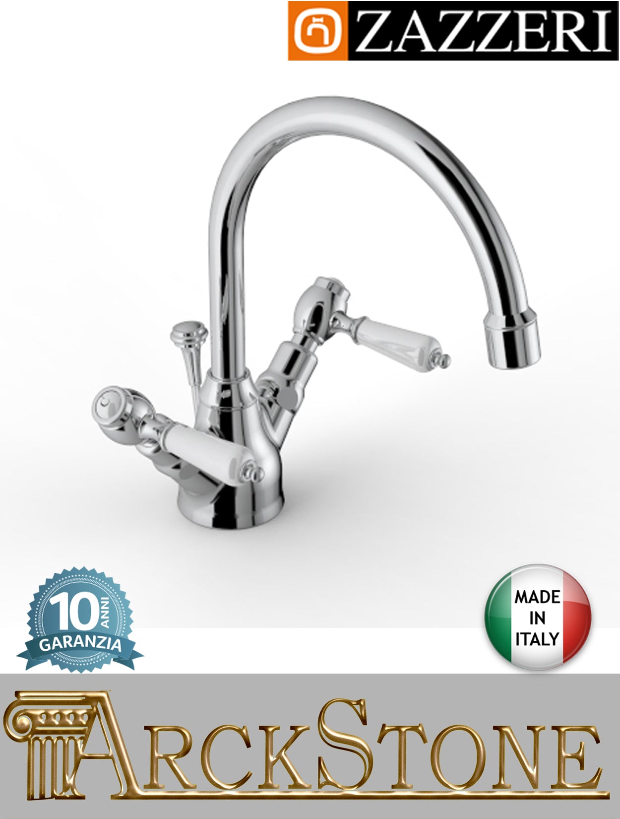 Miscelatore lavabo marca Zazzeri modello 803 finitura ottone cromato vitone ceramico 90° leva ceramica bianca rubinetteria piletta scarico automatico rubinetto acqua collo girevole L189 x H155 mm appoggio monoforo garanzia 10 anni made in italy 