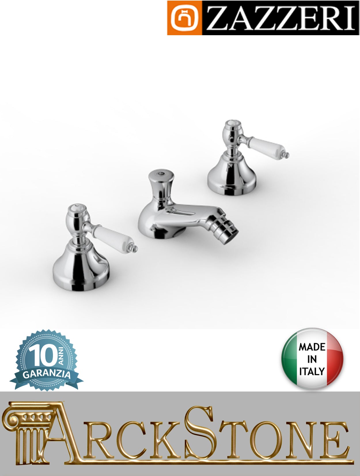 Miscelatore bidet Zazzeri 803 finitura ottone cromato appoggio tre 3 fori vitone ceramico 90° piletta scarico automatico rubinetto acqua casa rubinetteria mix batteria fontana bagno leva ceramica bianca garanzia 10 anni qualità made in italy