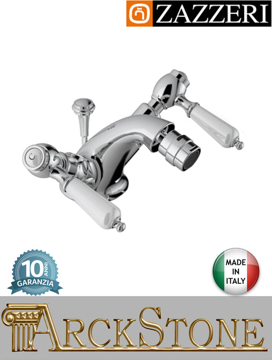 Miscelatore bidet marca Zazzeri modello 803 finitura ottone cromato appoggio monoforo vitone ceramico 90° piletta automatico rubinetto acqua rubinetteria mix batteria fontana bagno leva ceramica bianca L110xH97mm garanzia 10 anni qualità made in italy
