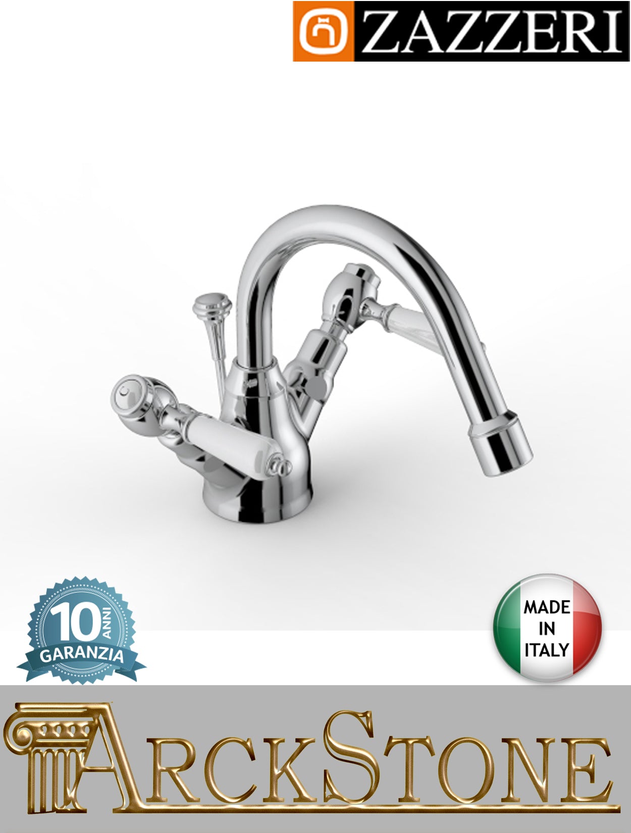 Miscelatore bidet marca Zazzeri modello 803 finitura ottone cromato appoggio monoforo vitone ceramico 90° piletta automatico rubinetto collo girevole L152 x H76 mm rubinetteria mix fontana bagno leva ceramica bianca garanzia 10 anni qualità