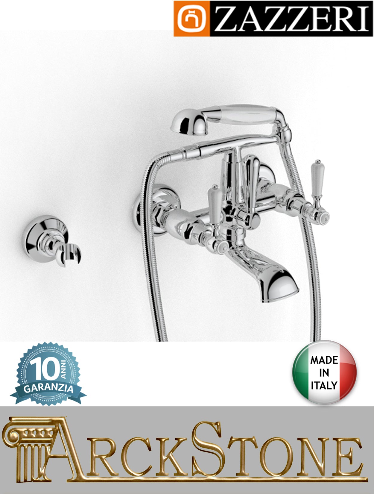 Miscelatore gruppo vasca esterno marca Zazzeri modello 803 finitura ottone cromato vitone ceramico 90° leva ceramica bianca doccetta flessibile parete rubinetto rubinetteria fontana mix acqua attacco muro esterno garanzia 10 anni qualità made in italy