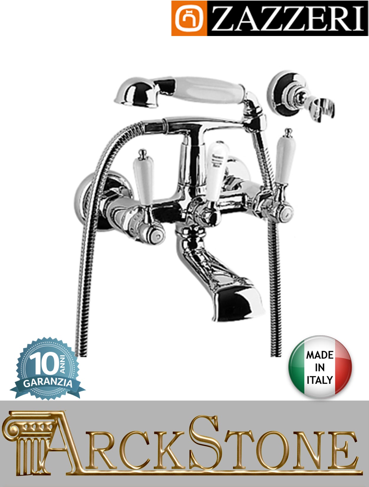 Miscelatore gruppo vasca marca Zazzeri modello 803 finitura ottone cromato vitone ceramico 90° leva ceramica bianca doccetta flessibile parete rubinetto rubinetteria fontana mix acqua casa attacco muro esterno garanzia 10 anni qualità made in italy